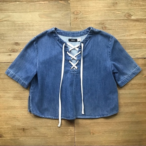 UO BDG Chambray Lace Up Crop Top - Picture 2 of 7